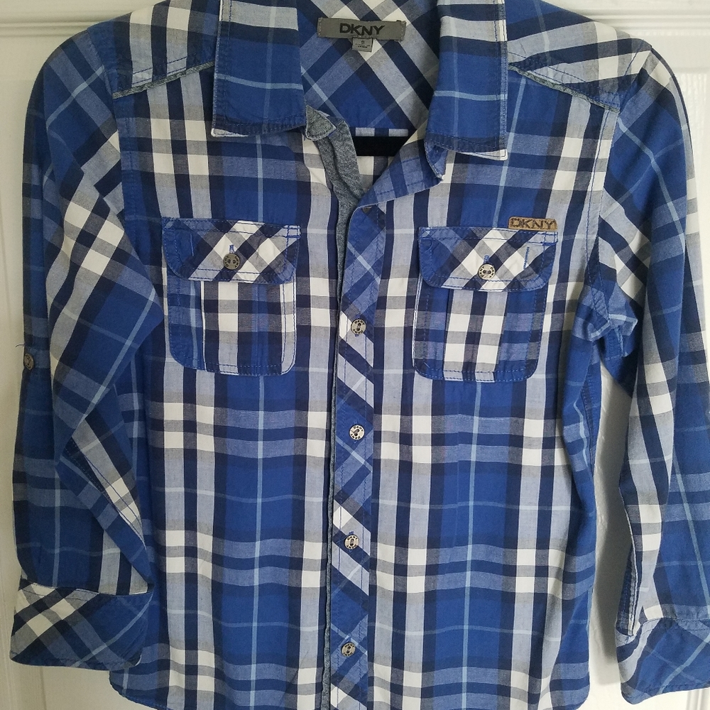 Boys DKNY Plaid Blue Shirt, Size S